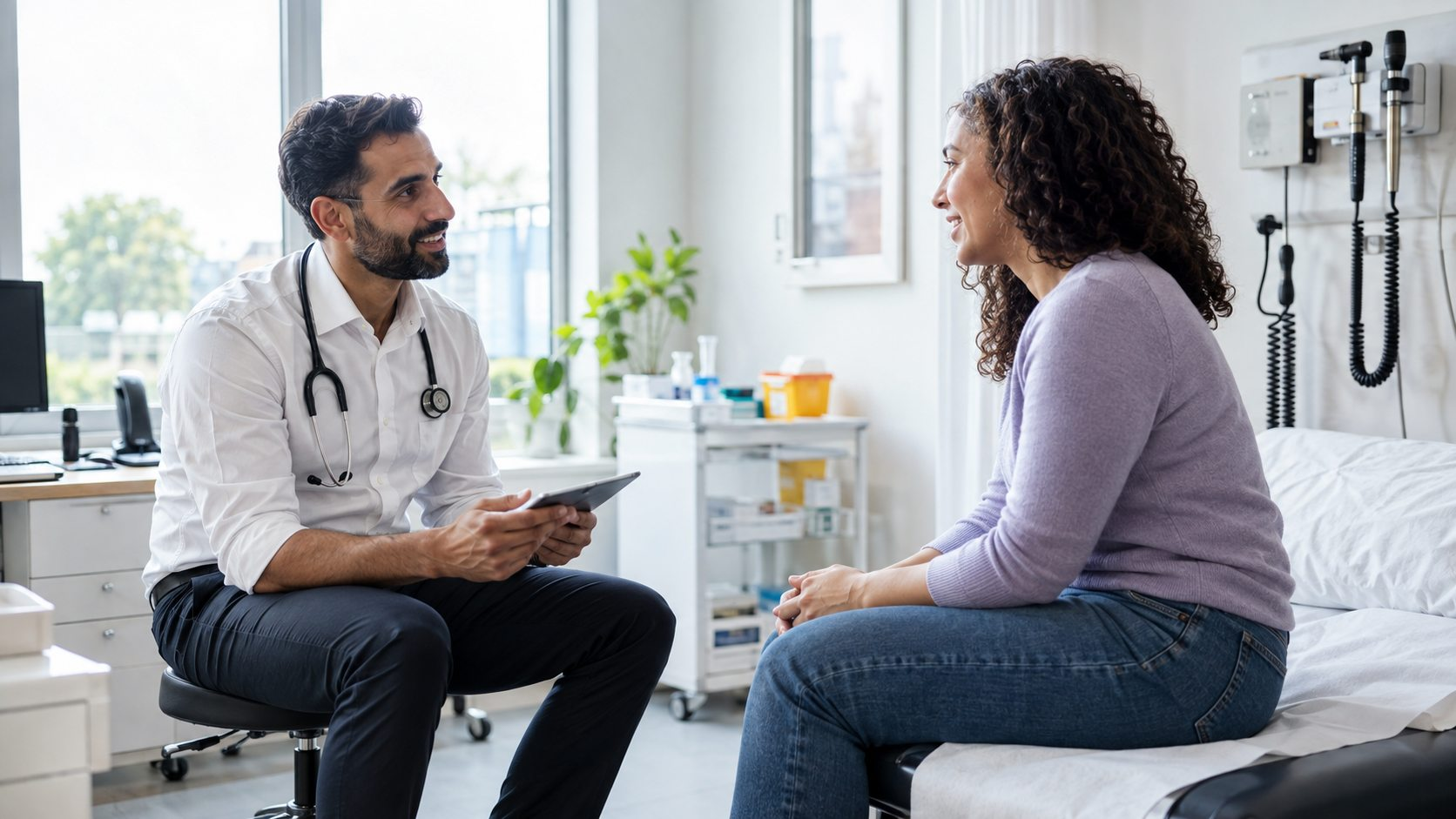 A doctor speaking with a patient in a consultation room